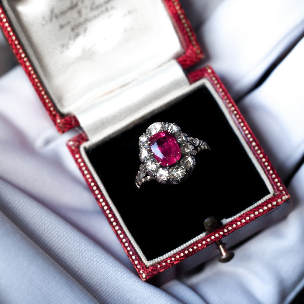 Antique Victorian Rubellite/Pink Tourmaline & Diamond Cluster Ring - c.1880 View XVII