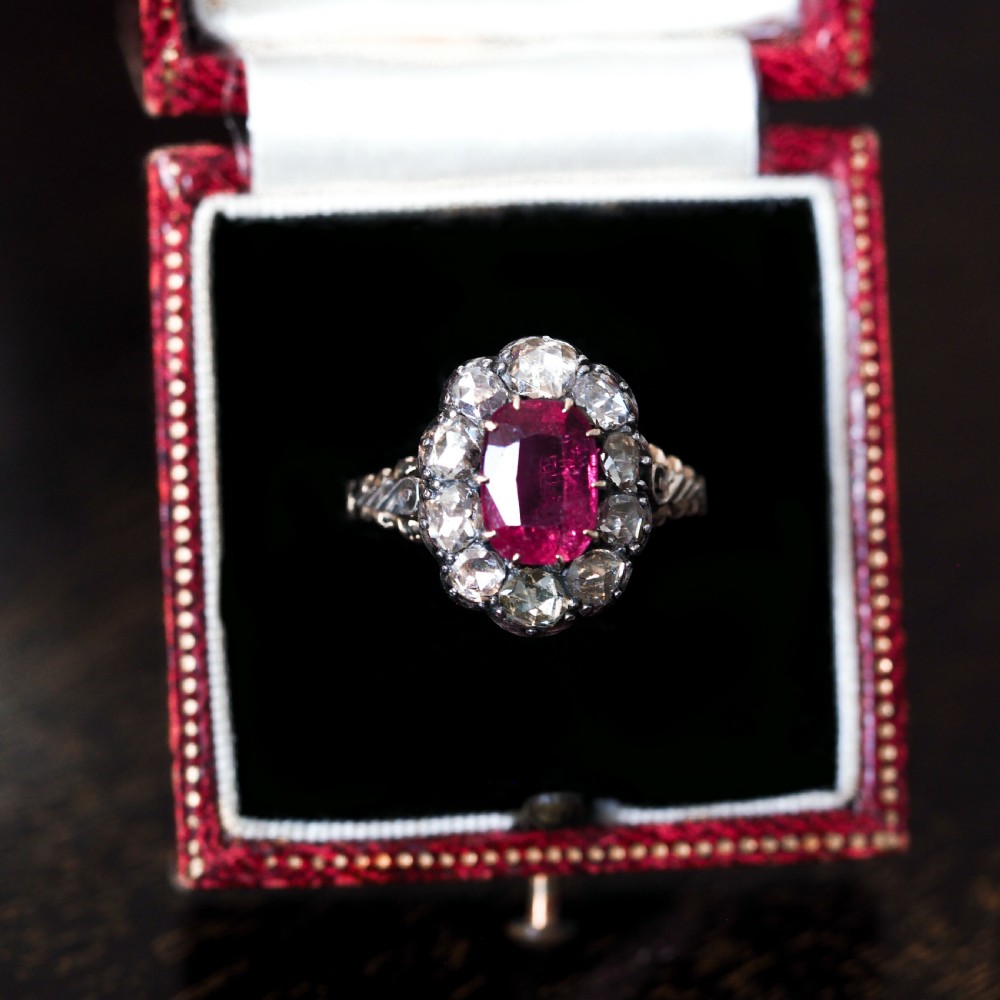 Antique Victorian Rubellite/Pink Tourmaline & Diamond Cluster Ring - c.1880 View XVIII
