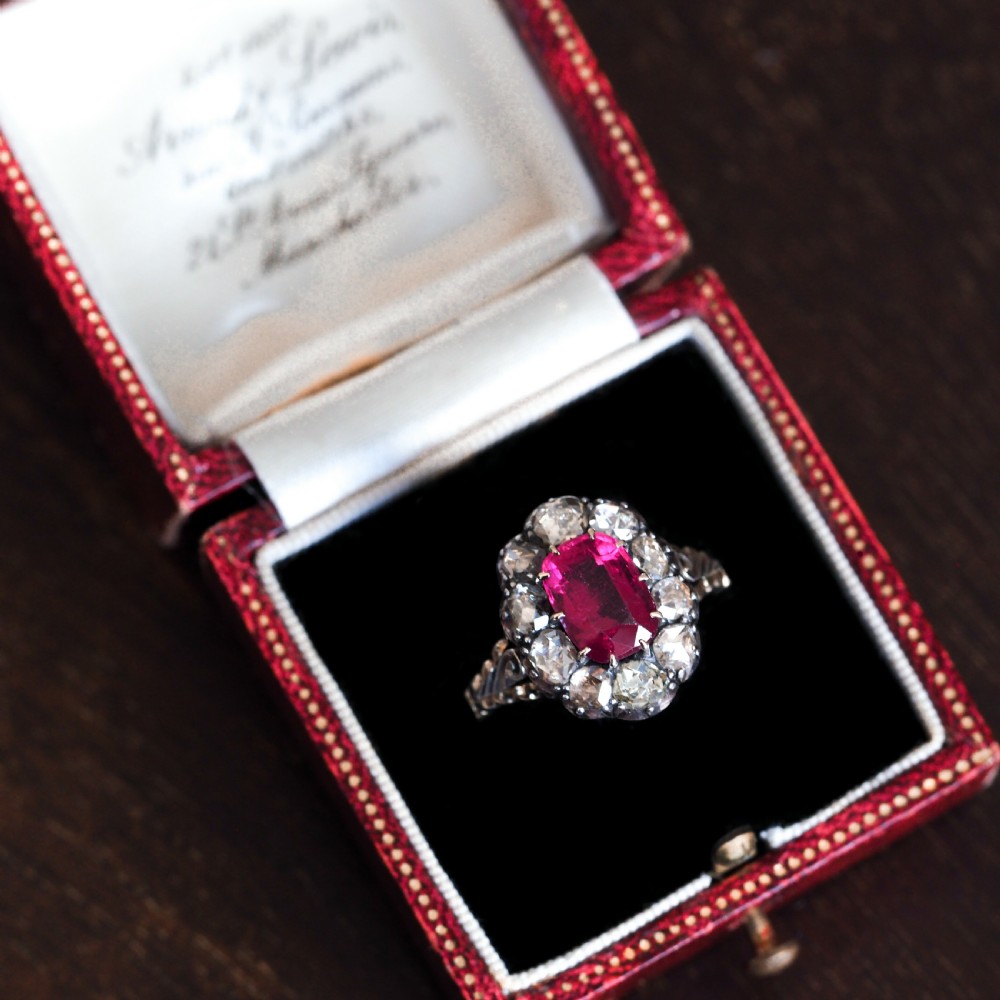 Antique Victorian Rubellite/Pink Tourmaline & Diamond Cluster Ring - c.1880 View XIX