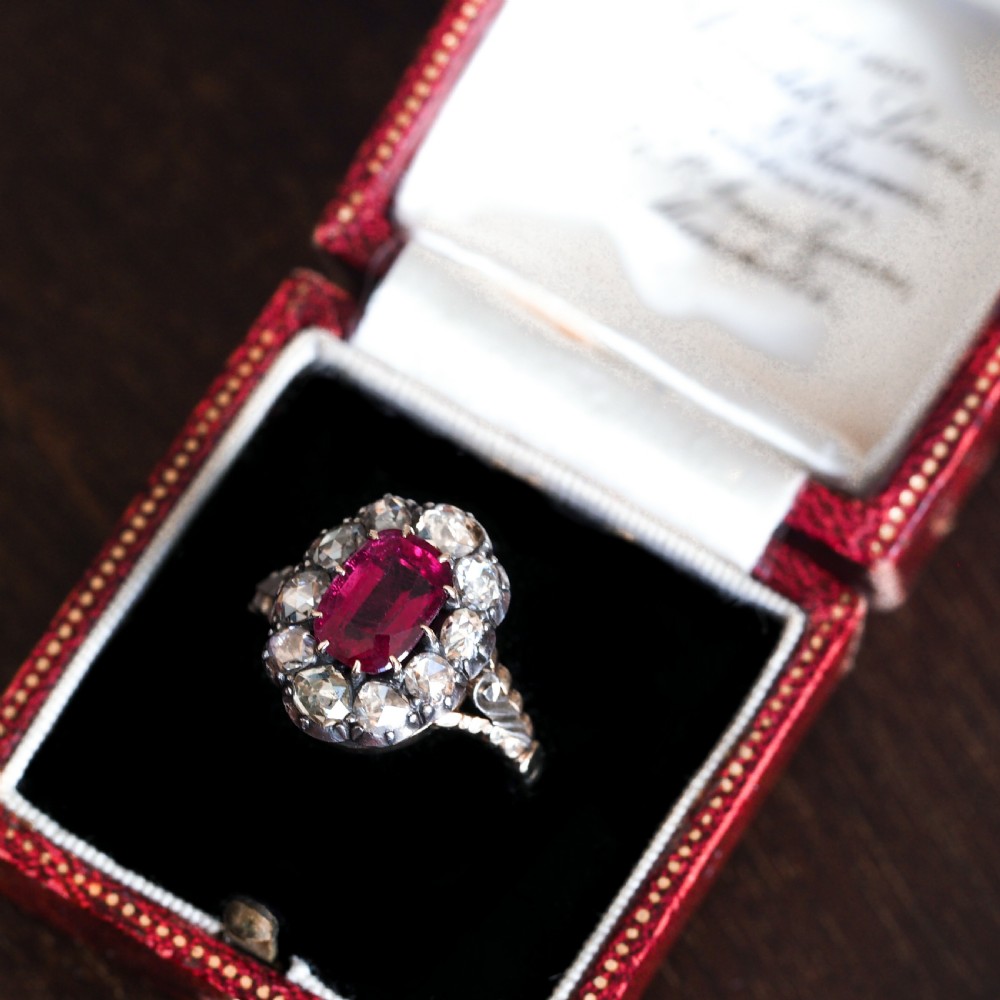 Antique Victorian Rubellite/Pink Tourmaline & Diamond Cluster Ring - c.1880 View XX