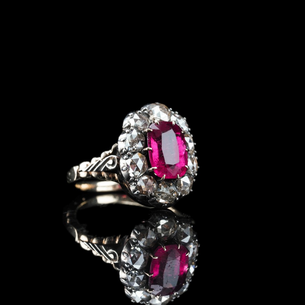 Antique Victorian Rubellite/Pink Tourmaline & Diamond Cluster Ring - c.1880 View XXI