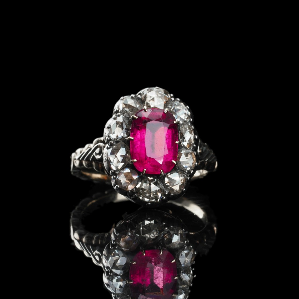 Antique Victorian Rubellite/Pink Tourmaline & Diamond Cluster Ring - c.1880 View XXIV