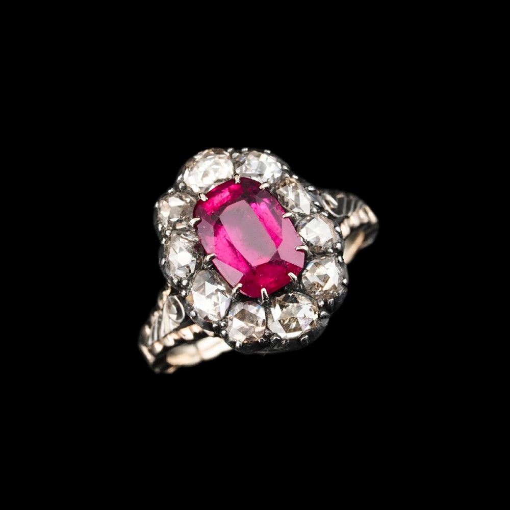 Antique Victorian Rubellite/Pink Tourmaline & Diamond Cluster Ring - c.1880 View XXV