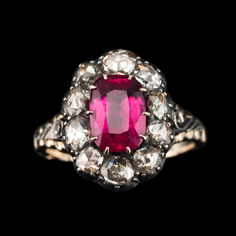 Antique Victorian Rubellite/Pink Tourmaline & Diamond Cluster Ring - c.1880 View XXVI