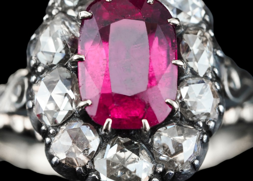 Antique Victorian Rubellite/Pink Tourmaline & Diamond Cluster Ring - c.1880 View XXVII