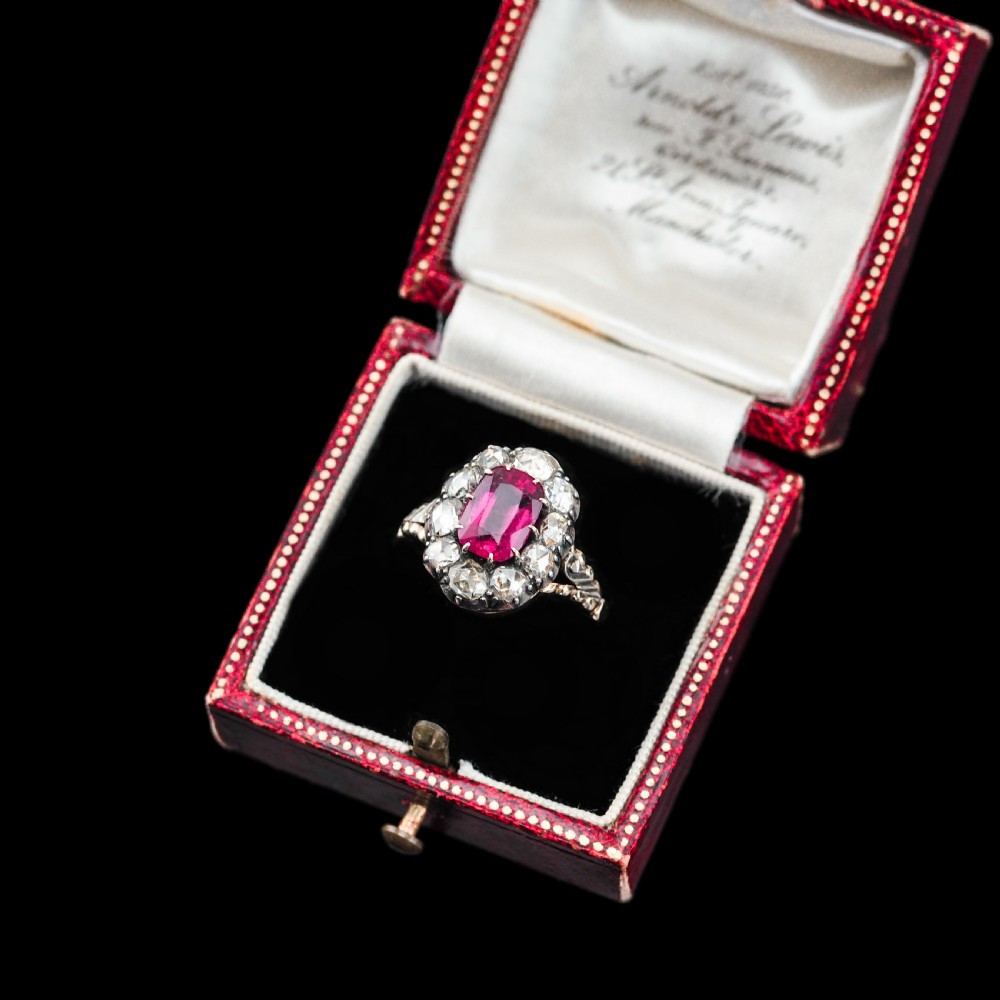Antique Victorian Rubellite/Pink Tourmaline & Diamond Cluster Ring - c.1880 View XXVIII