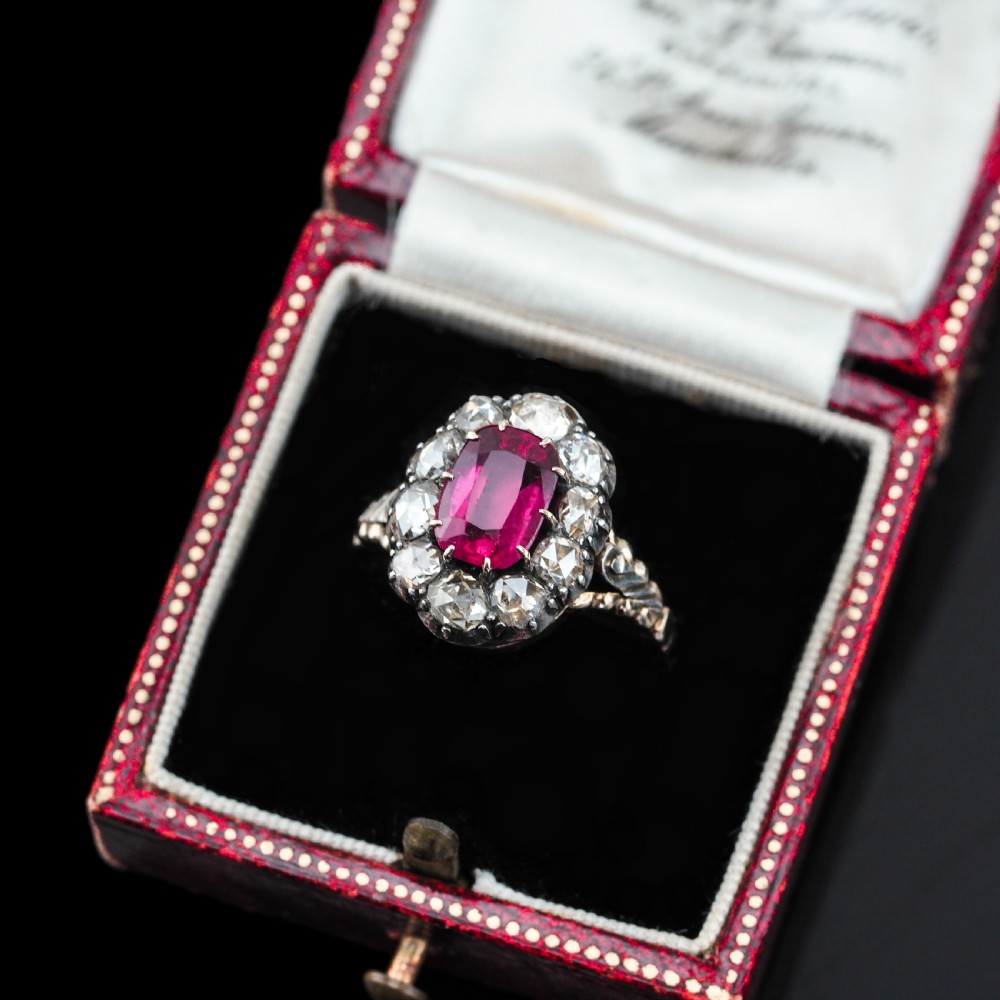 Antique Victorian Rubellite/Pink Tourmaline & Diamond Cluster Ring - c.1880 View XXIX
