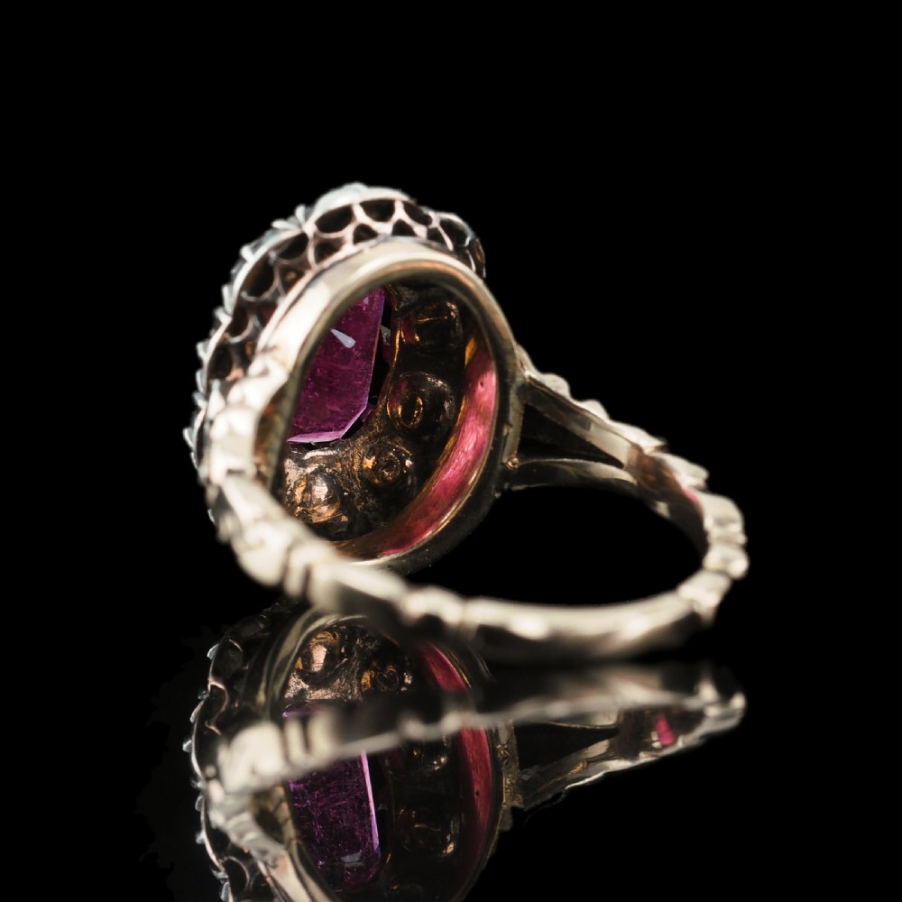 Antique Victorian Rubellite/Pink Tourmaline & Diamond Cluster Ring - c.1880 View XXX