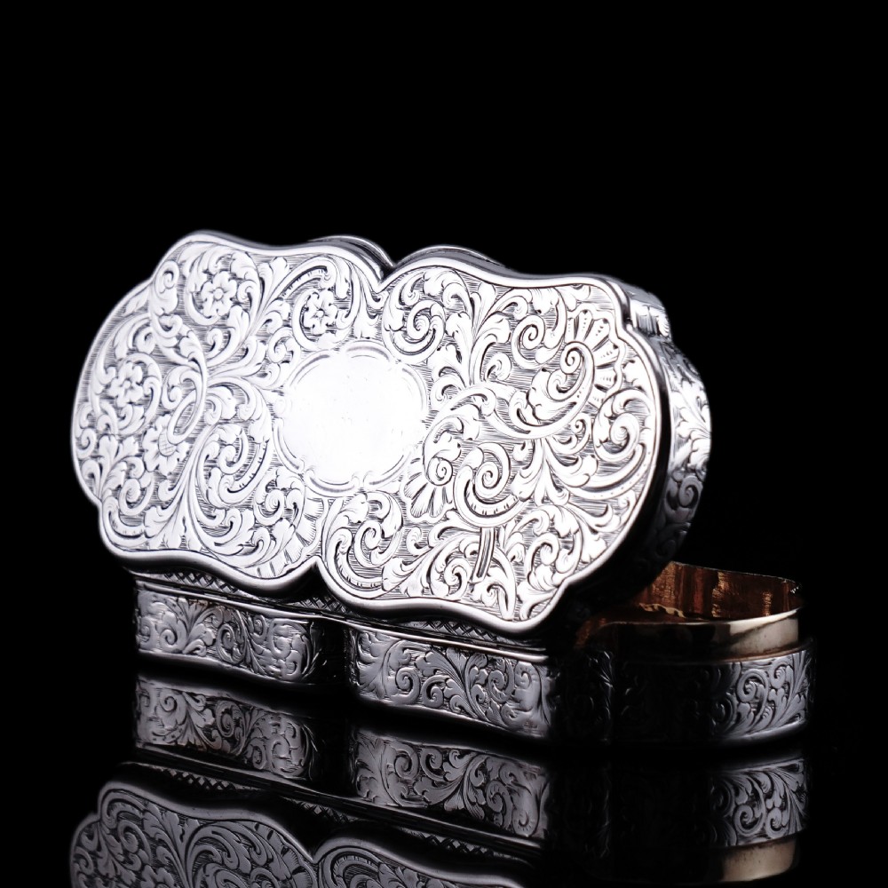 Antique Victorian Solid Silver Snuff Box with Scrolled Acanthus Engravings - Nathaniel Mills 1840 View III