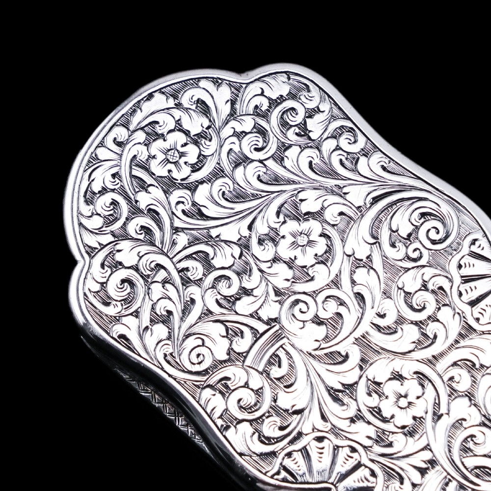 Antique Victorian Solid Silver Snuff Box with Scrolled Acanthus Engravings - Nathaniel Mills 1840 View XXI
