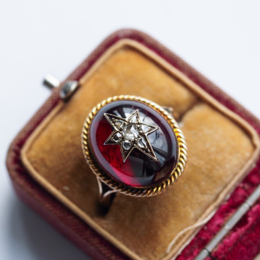 Antique Victorian Garnet & Diamond Cabochon & Star Rose Cut Gold Ring - c.1880 View II