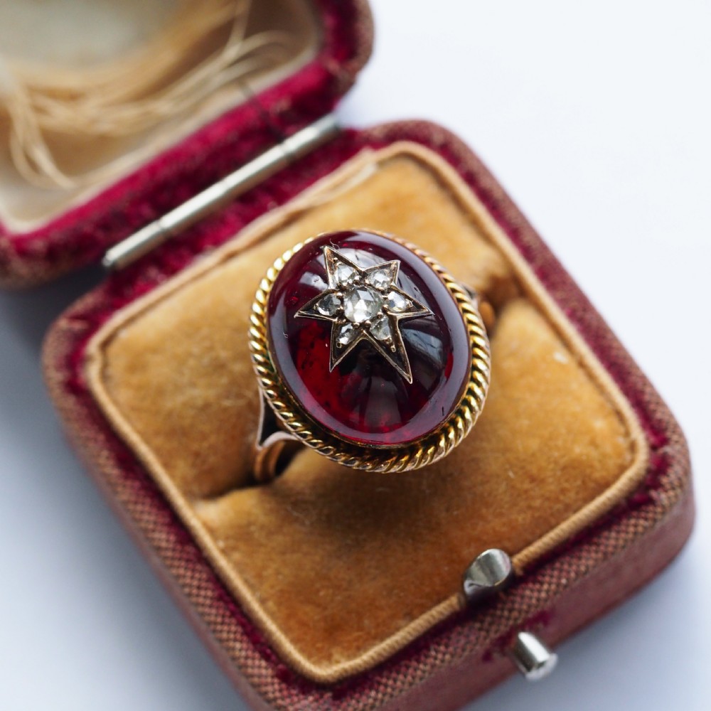 Antique Victorian Garnet & Diamond Cabochon & Star Rose Cut Gold Ring - c.1880 View III