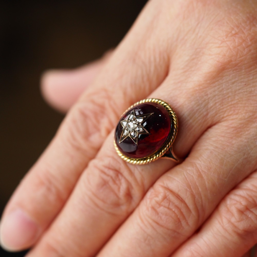 Antique Victorian Garnet & Diamond Cabochon & Star Rose Cut Gold Ring - c.1880 View IV