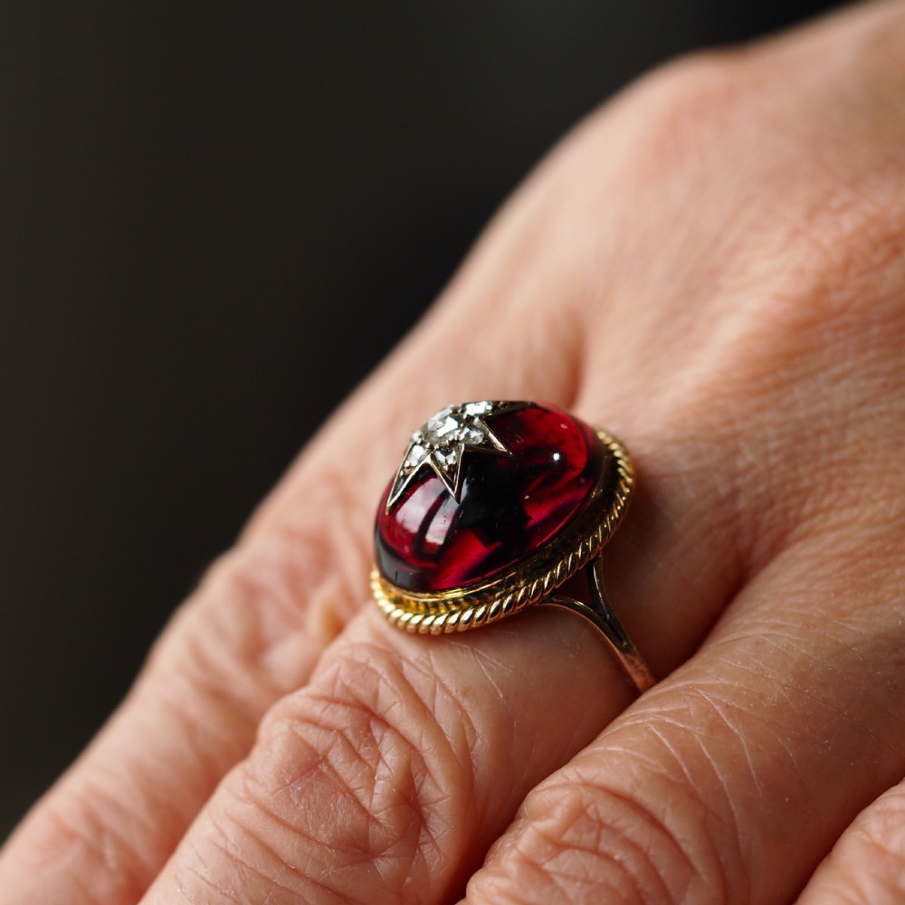 Antique Victorian Garnet & Diamond Cabochon & Star Rose Cut Gold Ring - c.1880 View V