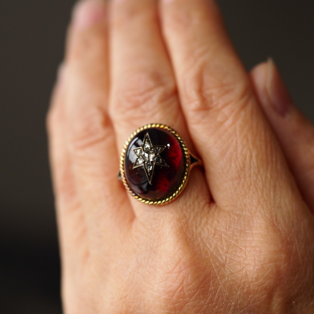 Antique Victorian Garnet & Diamond Cabochon & Star Rose Cut Gold Ring - c.1880 View IX
