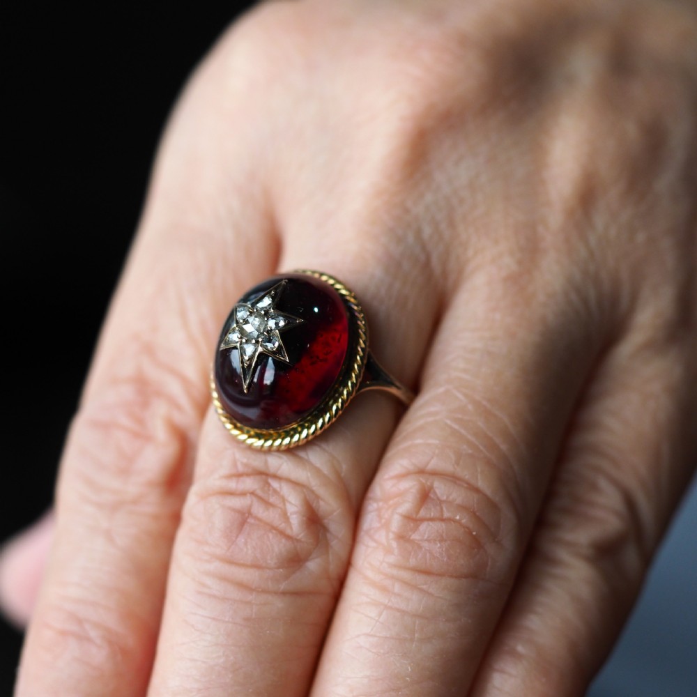 Antique Victorian Garnet & Diamond Cabochon & Star Rose Cut Gold Ring - c.1880 View X