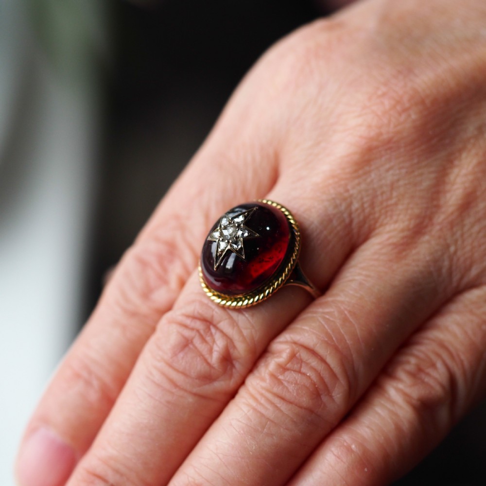 Antique Victorian Garnet & Diamond Cabochon & Star Rose Cut Gold Ring - c.1880 View XII