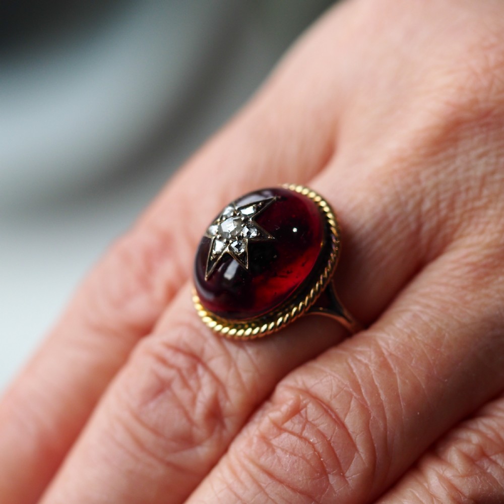 Antique Victorian Garnet & Diamond Cabochon & Star Rose Cut Gold Ring - c.1880 View XIII