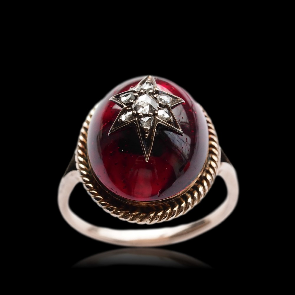 Antique Victorian Garnet & Diamond Cabochon & Star Rose Cut Gold Ring - c.1880 View XVI