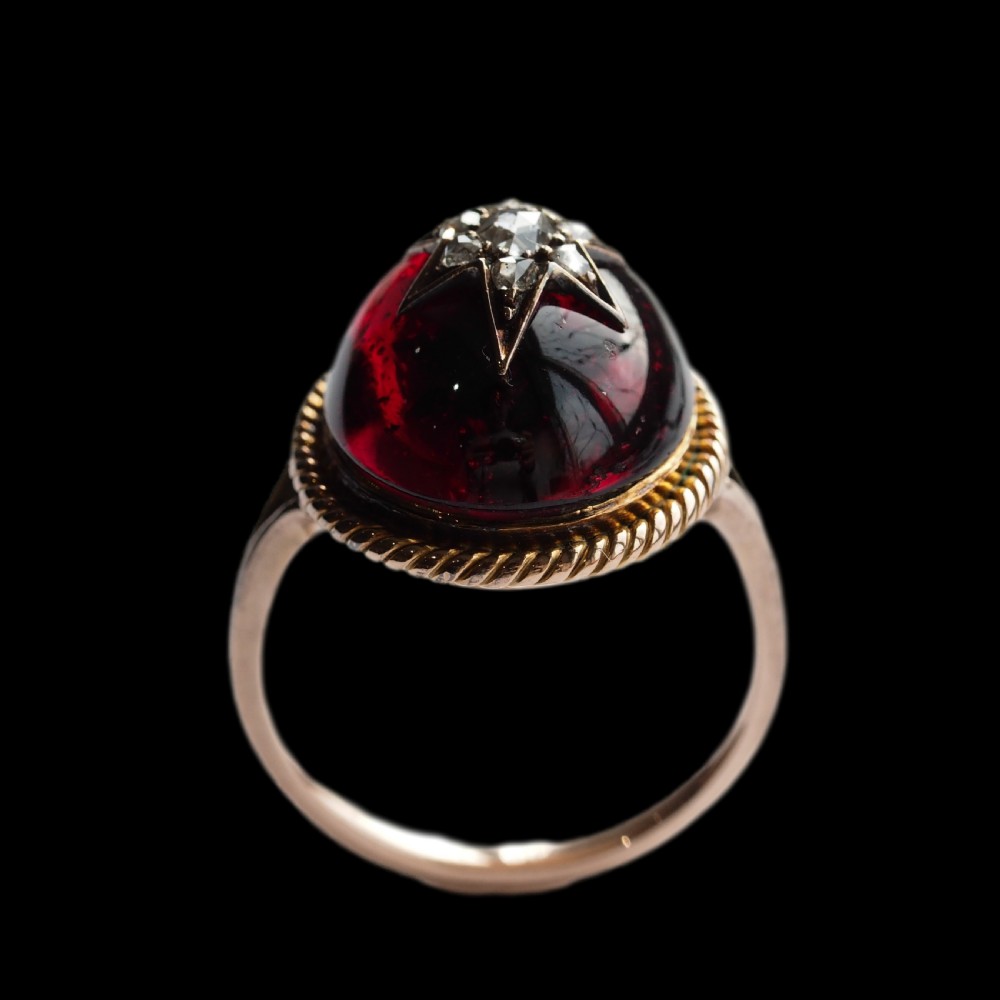 Antique Victorian Garnet & Diamond Cabochon & Star Rose Cut Gold Ring - c.1880 View XVII