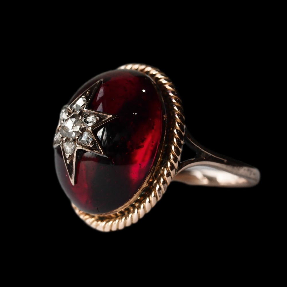 Antique Victorian Garnet & Diamond Cabochon & Star Rose Cut Gold Ring - c.1880 View XVIII