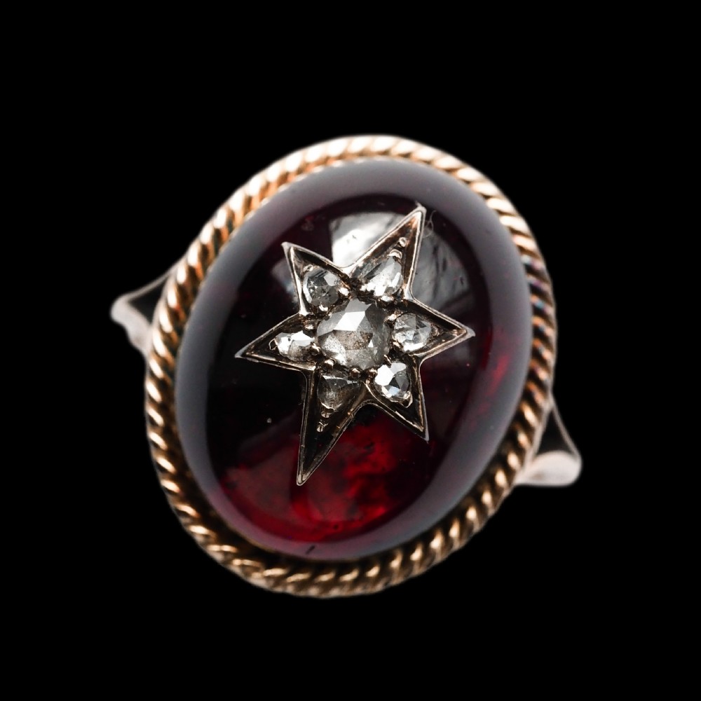 Antique Victorian Garnet & Diamond Cabochon & Star Rose Cut Gold Ring - c.1880 View XIX