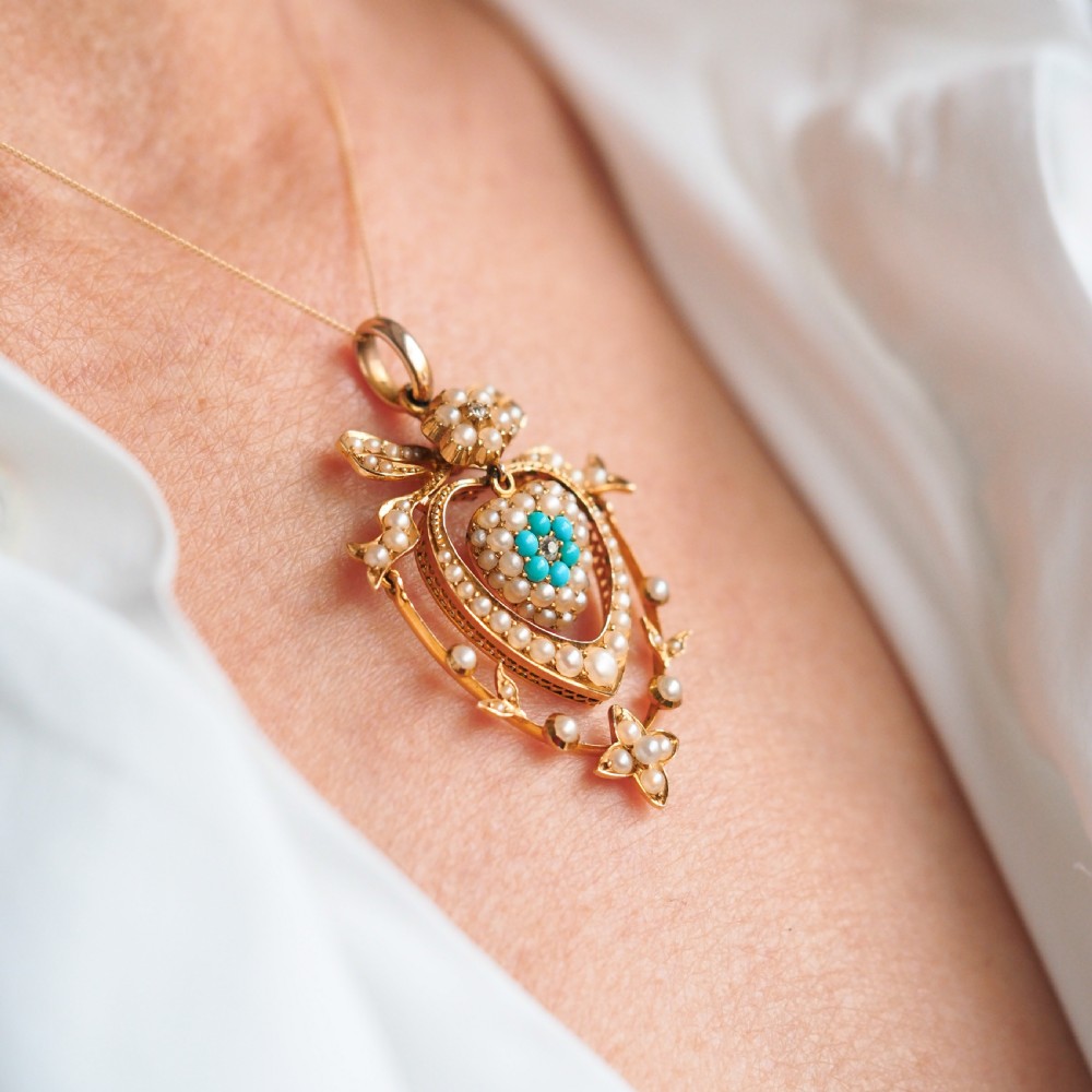 Antique Edwardian 15ct Gold Turquoise, Diamond & Seed Pearl Pendant Necklace - c.1910 View III