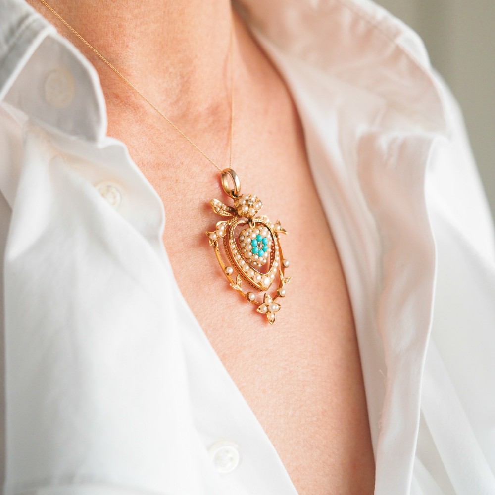 Antique Edwardian 15ct Gold Turquoise, Diamond & Seed Pearl Pendant Necklace - c.1910 View IV