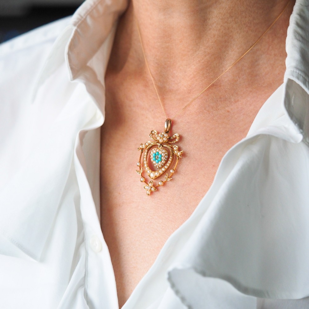 Antique Edwardian 15ct Gold Turquoise, Diamond & Seed Pearl Pendant Necklace - c.1910 View V