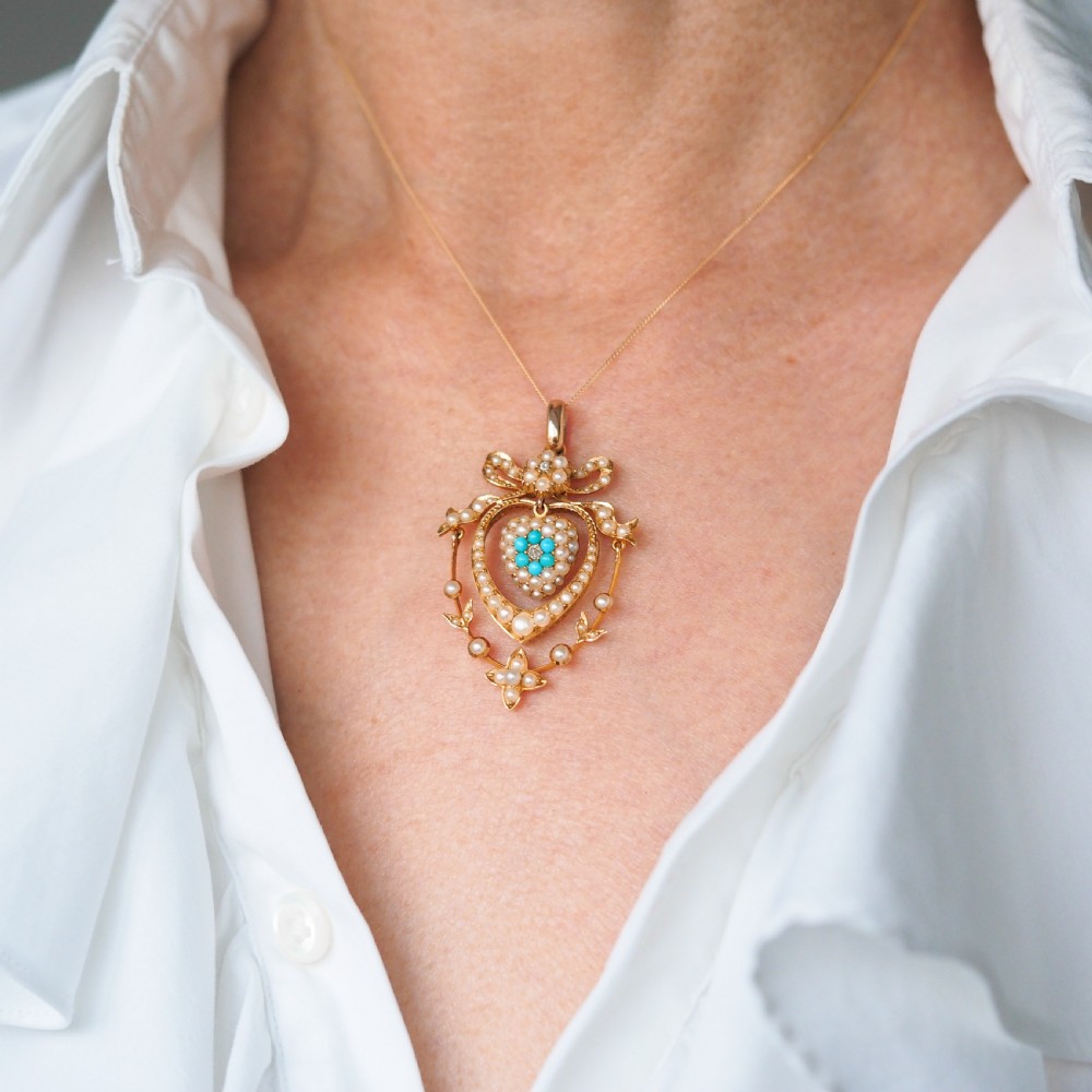 Antique Edwardian 15ct Gold Turquoise, Diamond & Seed Pearl Pendant Necklace - c.1910 View VI