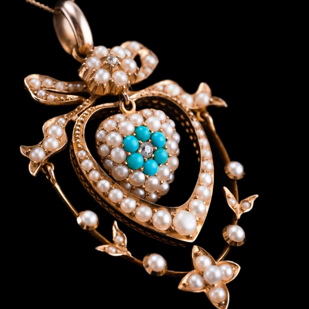 Antique Edwardian 15ct Gold Turquoise, Diamond & Seed Pearl Pendant Necklace - c.1910 View VII