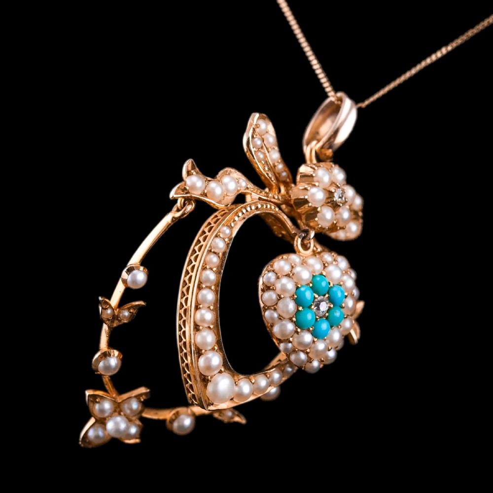 Antique Edwardian 15ct Gold Turquoise, Diamond & Seed Pearl Pendant Necklace - c.1910 View IX