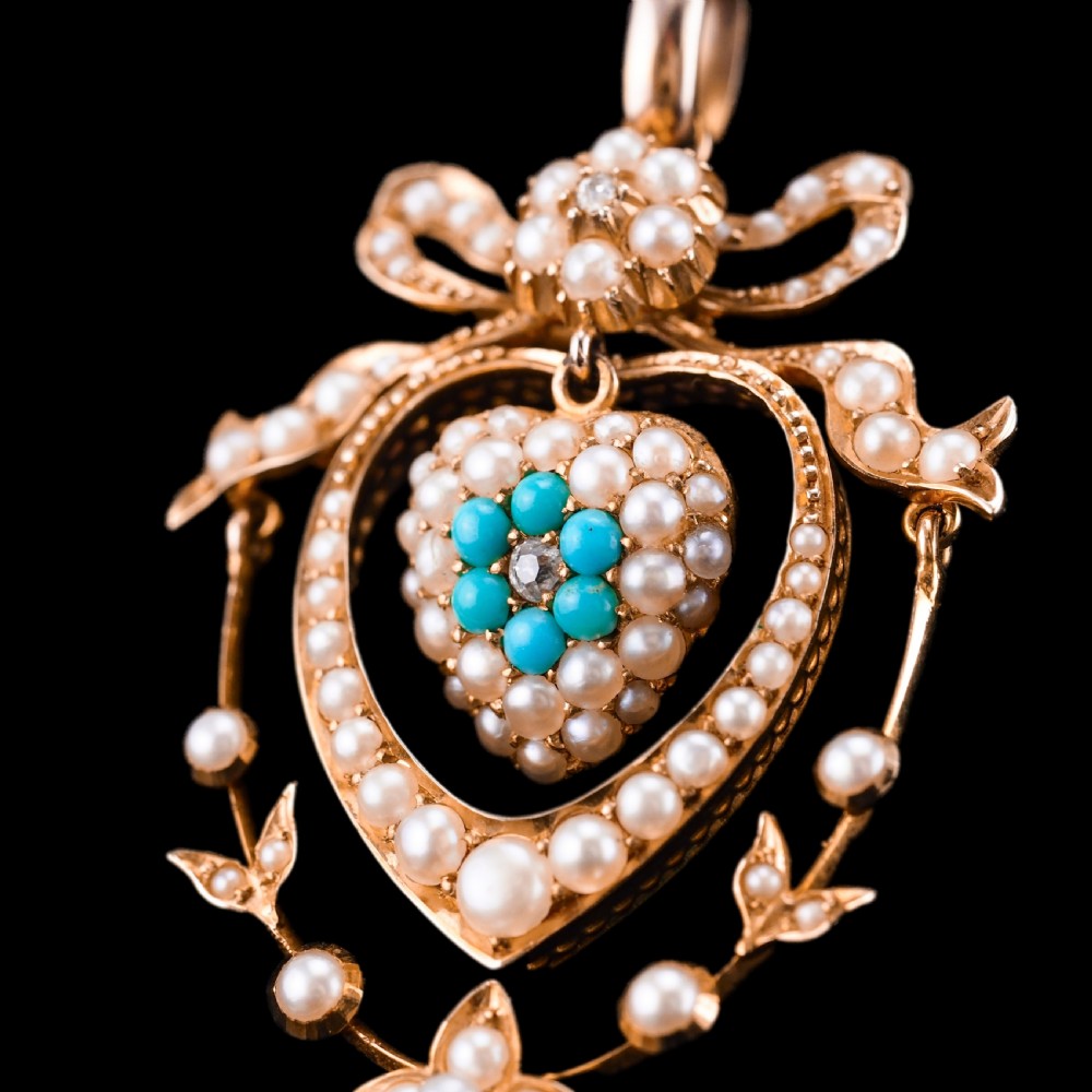 Antique Edwardian 15ct Gold Turquoise, Diamond & Seed Pearl Pendant Necklace - c.1910 View X