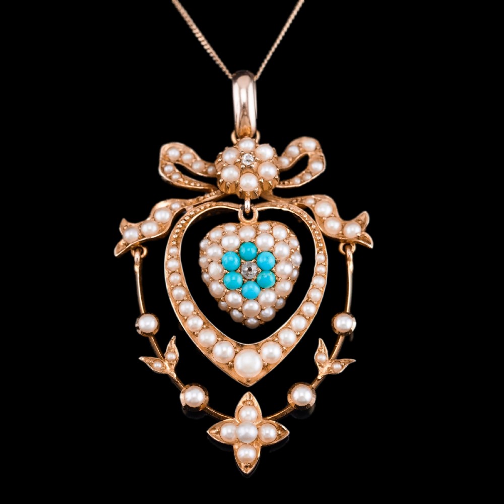 Antique Edwardian 15ct Gold Turquoise, Diamond & Seed Pearl Pendant Necklace - c.1910 View XI