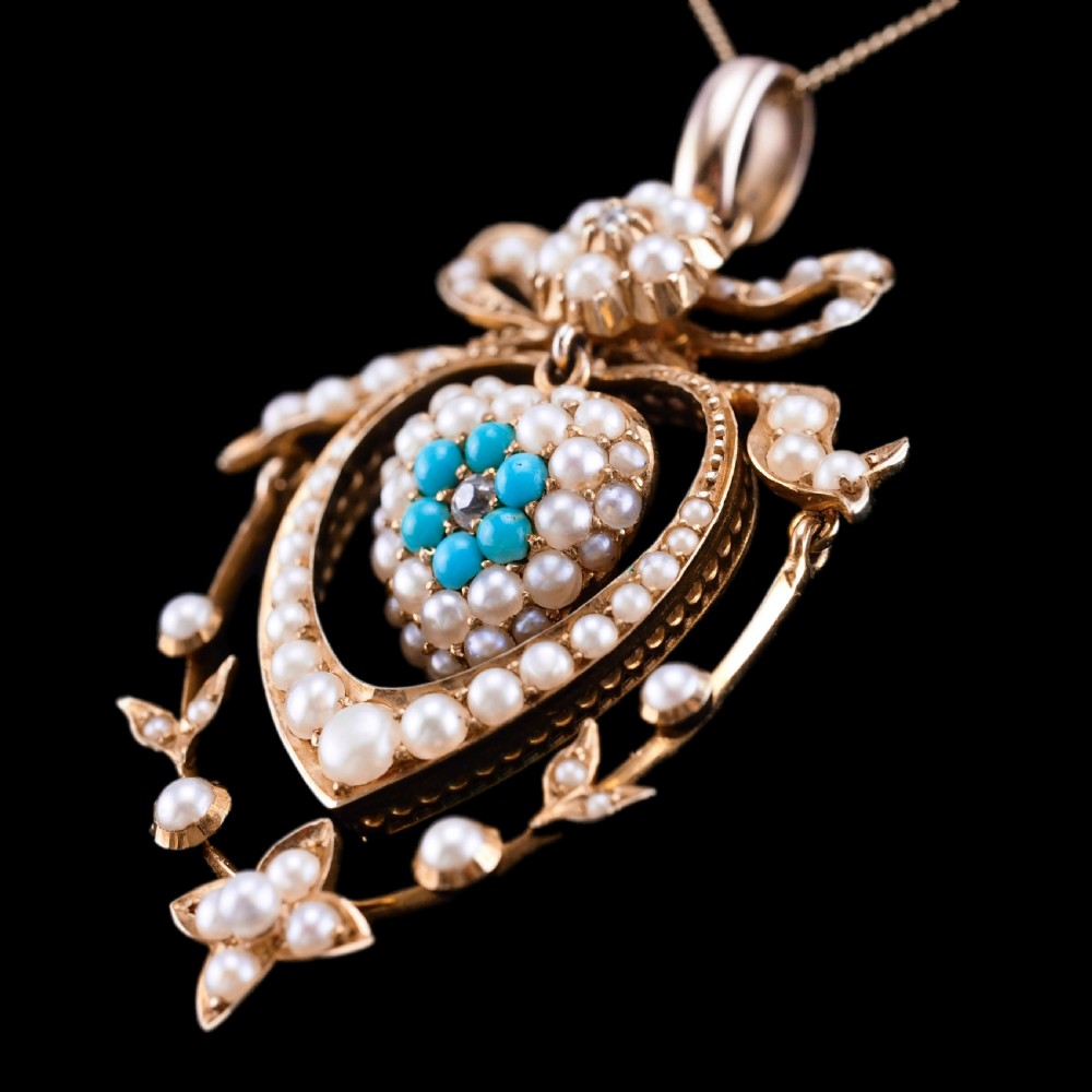 Antique Edwardian 15ct Gold Turquoise, Diamond & Seed Pearl Pendant Necklace - c.1910 View XII
