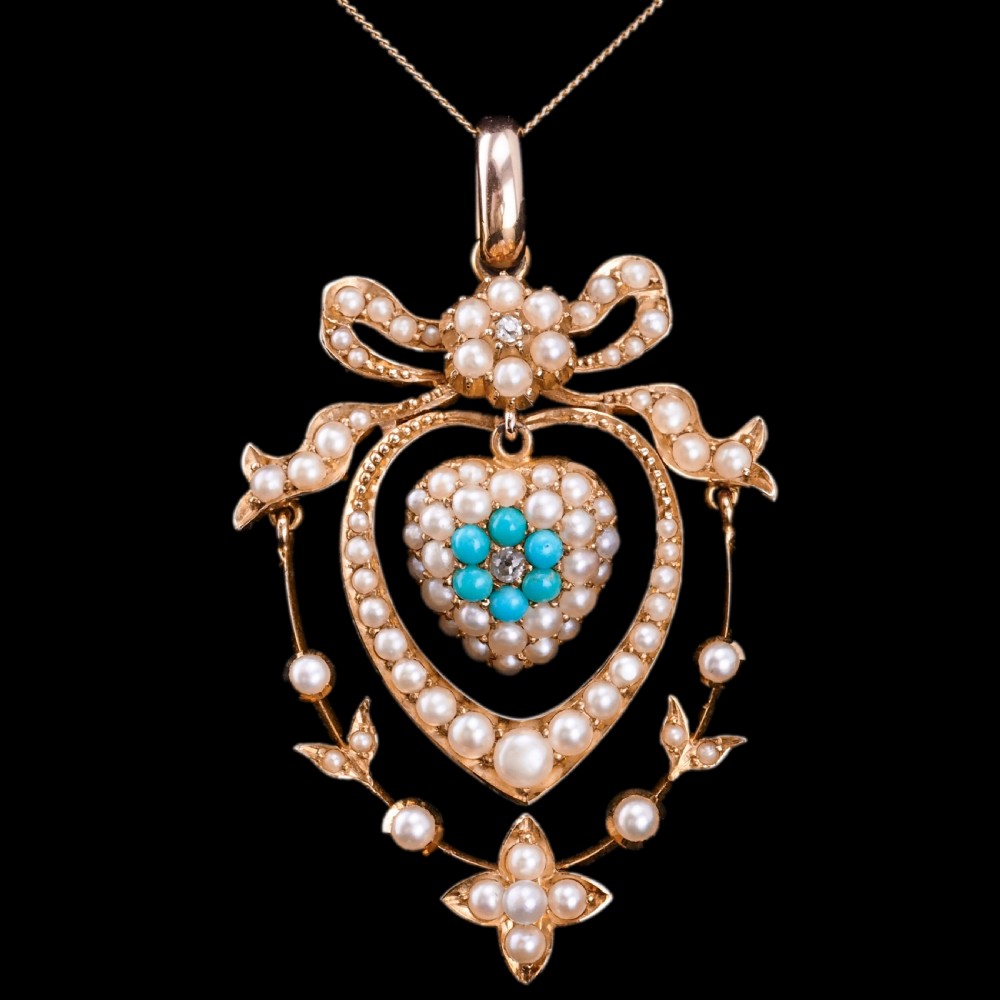 Antique Edwardian 15ct Gold Turquoise, Diamond & Seed Pearl Pendant Necklace - c.1910 View XIII
