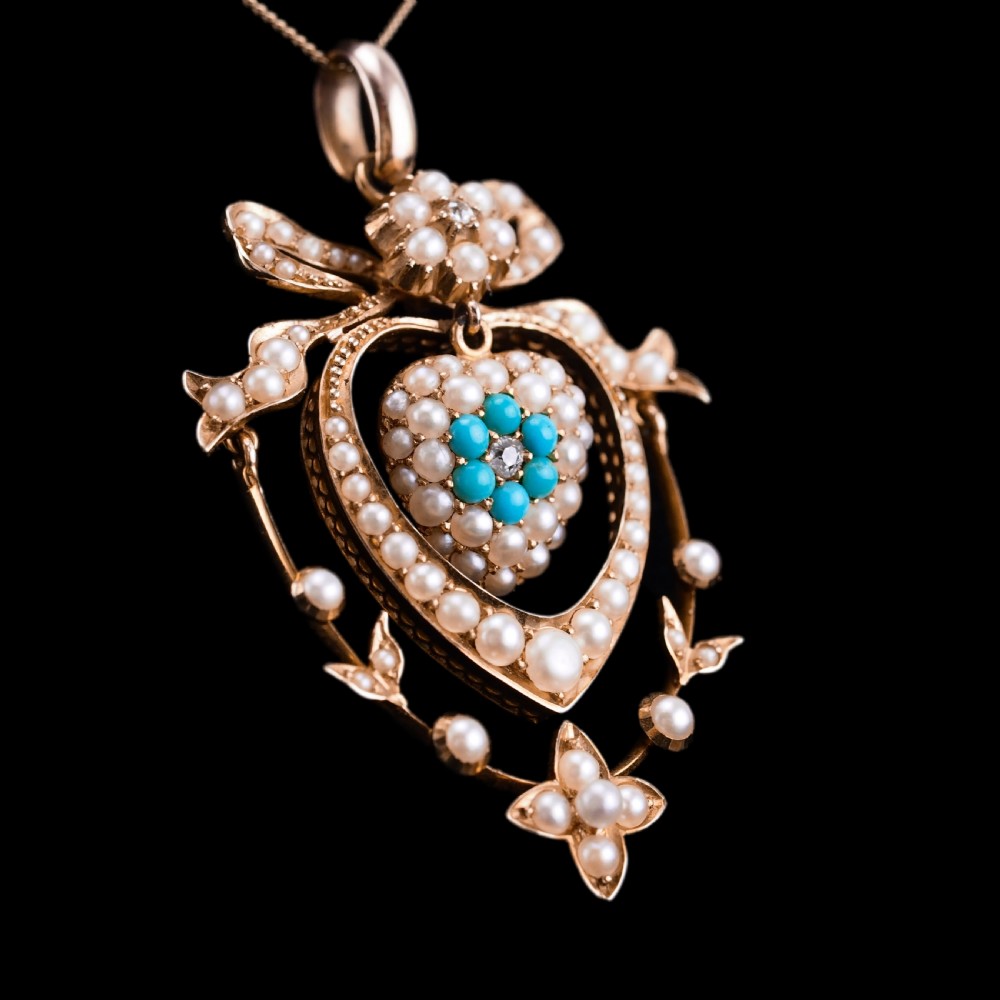Antique Edwardian 15ct Gold Turquoise, Diamond & Seed Pearl Pendant Necklace - c.1910 View XIV