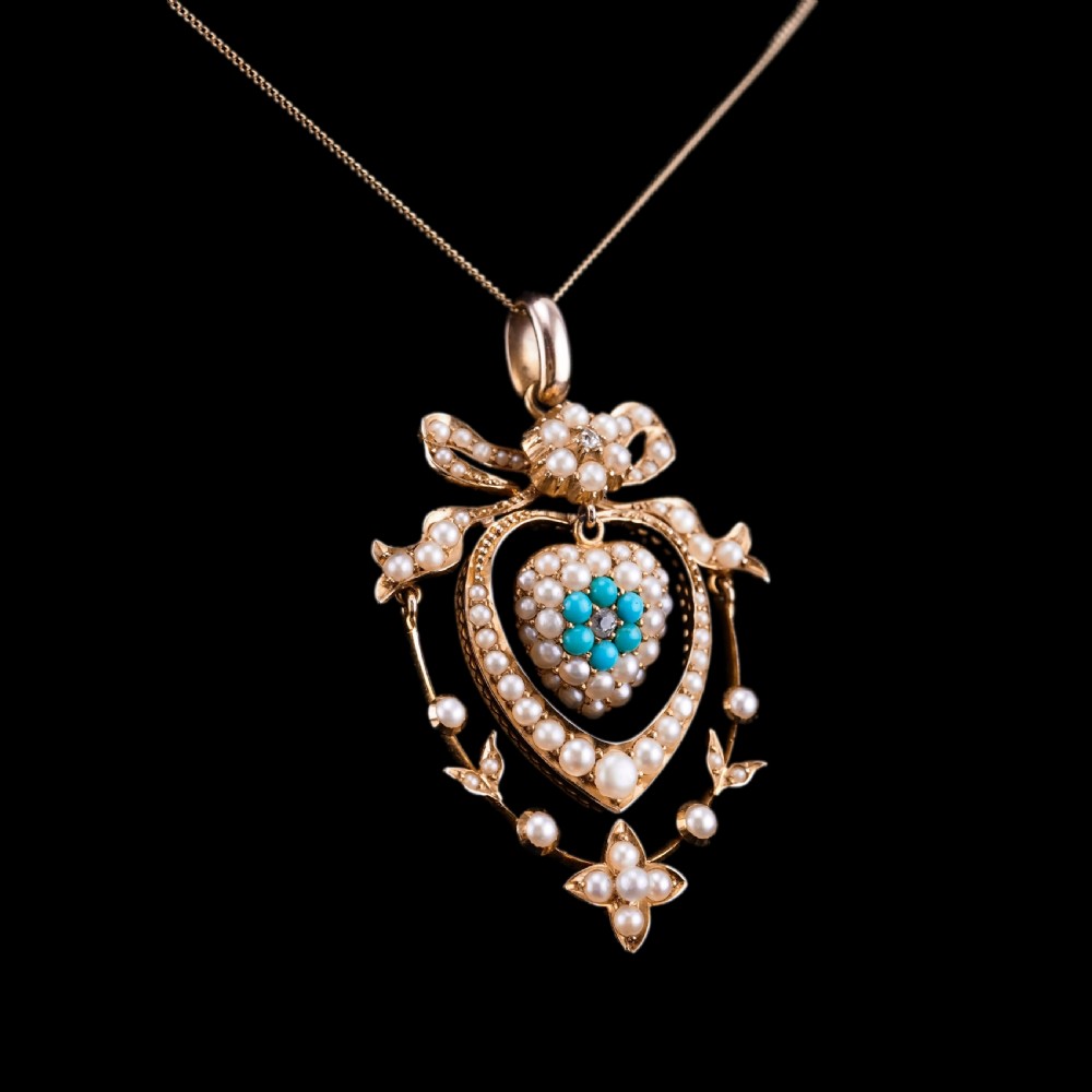 Antique Edwardian 15ct Gold Turquoise, Diamond & Seed Pearl Pendant Necklace - c.1910 View XV