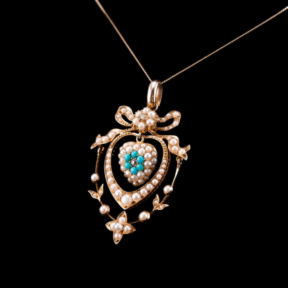Antique Edwardian 15ct Gold Turquoise, Diamond & Seed Pearl Pendant Necklace - c.1910 View XVI