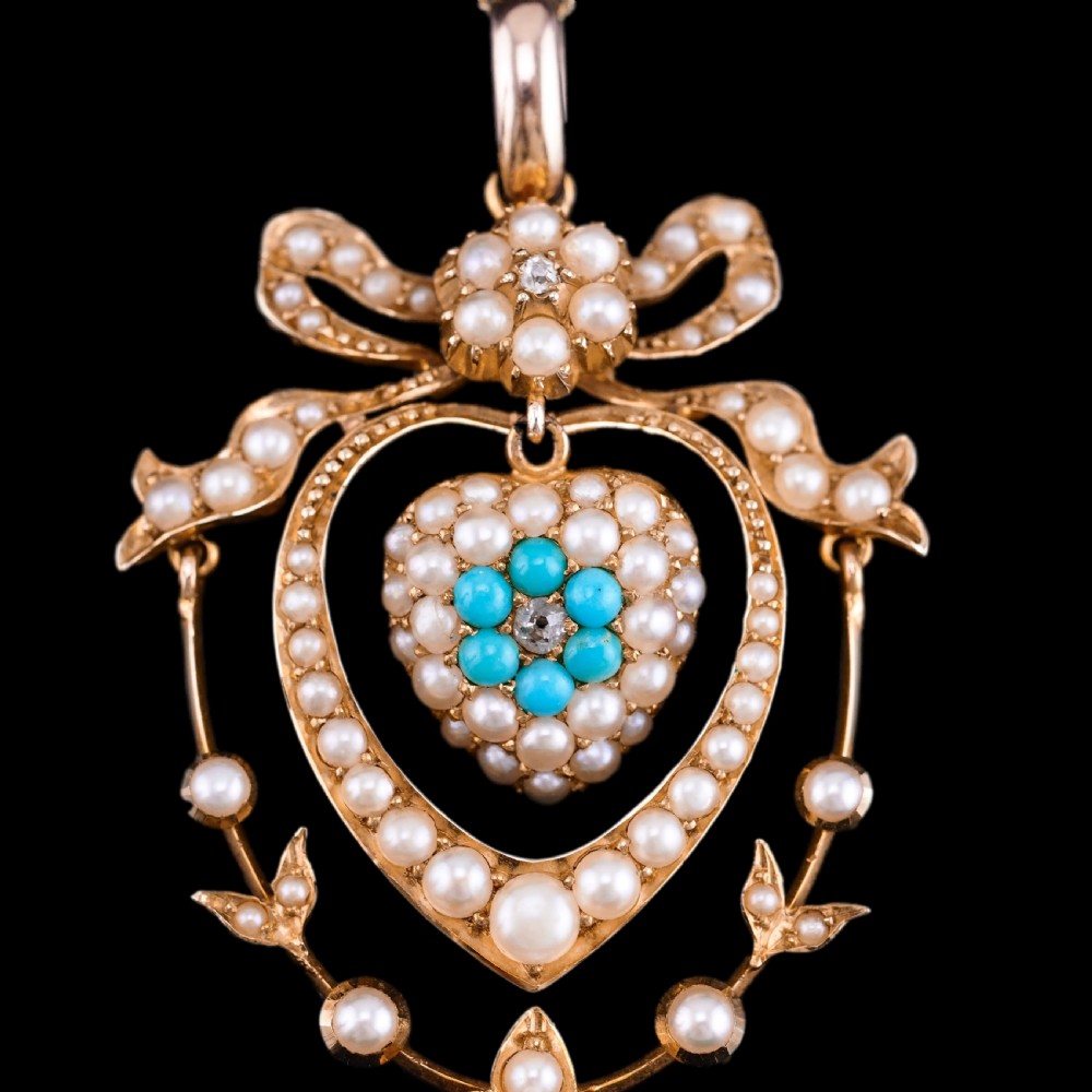 Antique Edwardian 15ct Gold Turquoise, Diamond & Seed Pearl Pendant Necklace - c.1910 View XVII