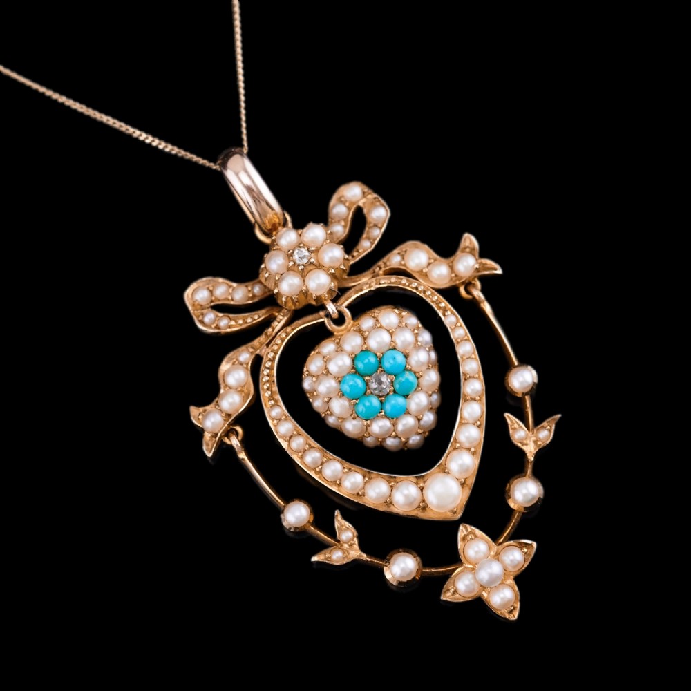 Antique Edwardian 15ct Gold Turquoise, Diamond & Seed Pearl Pendant Necklace - c.1910 View XVIII