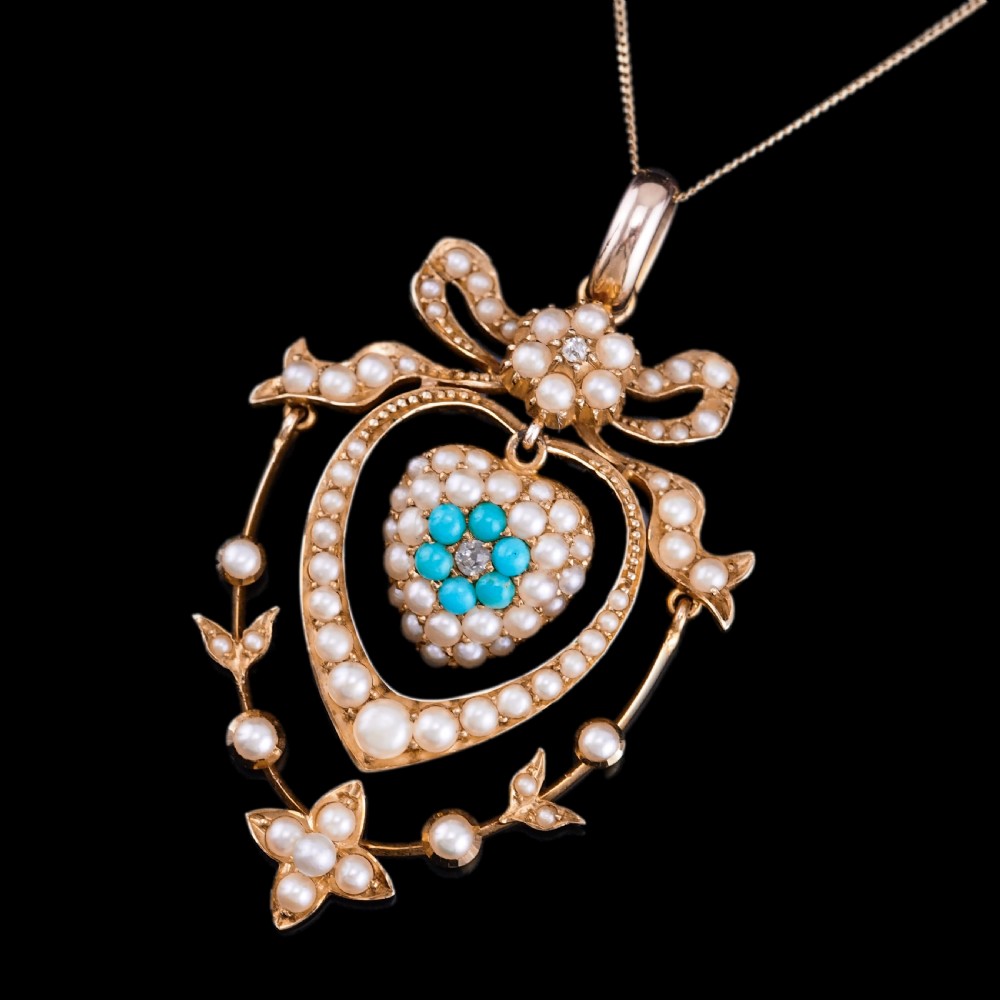 Antique Edwardian 15ct Gold Turquoise, Diamond & Seed Pearl Pendant Necklace - c.1910 View XIX