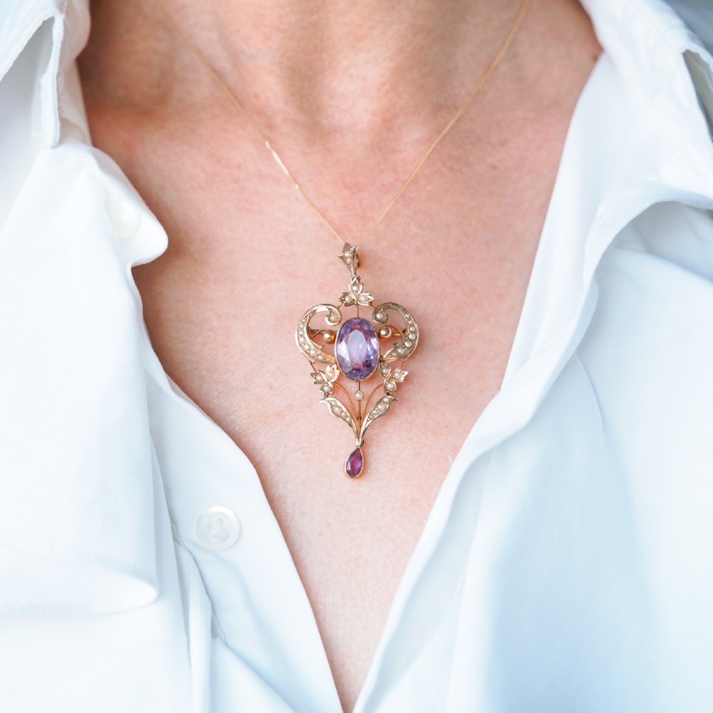 Antique Edwardian Amethyst & Seed Pearl 9ct Gold Pendant Necklace, Art Nouveau Design - c.1910 View II