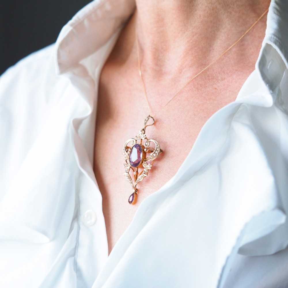 Antique Edwardian Amethyst & Seed Pearl 9ct Gold Pendant Necklace, Art Nouveau Design - c.1910 View III