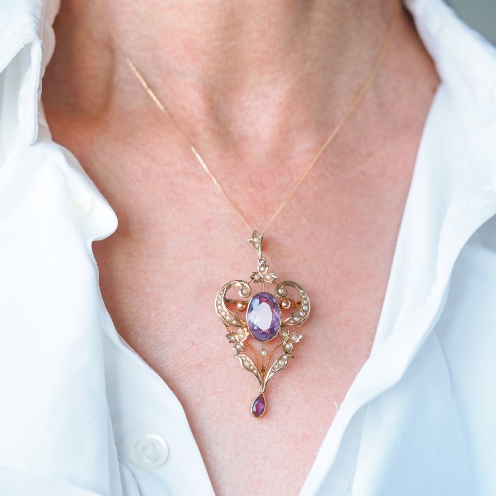Antique Edwardian Amethyst & Seed Pearl 9ct Gold Pendant Necklace, Art Nouveau Design - c.1910 View IV