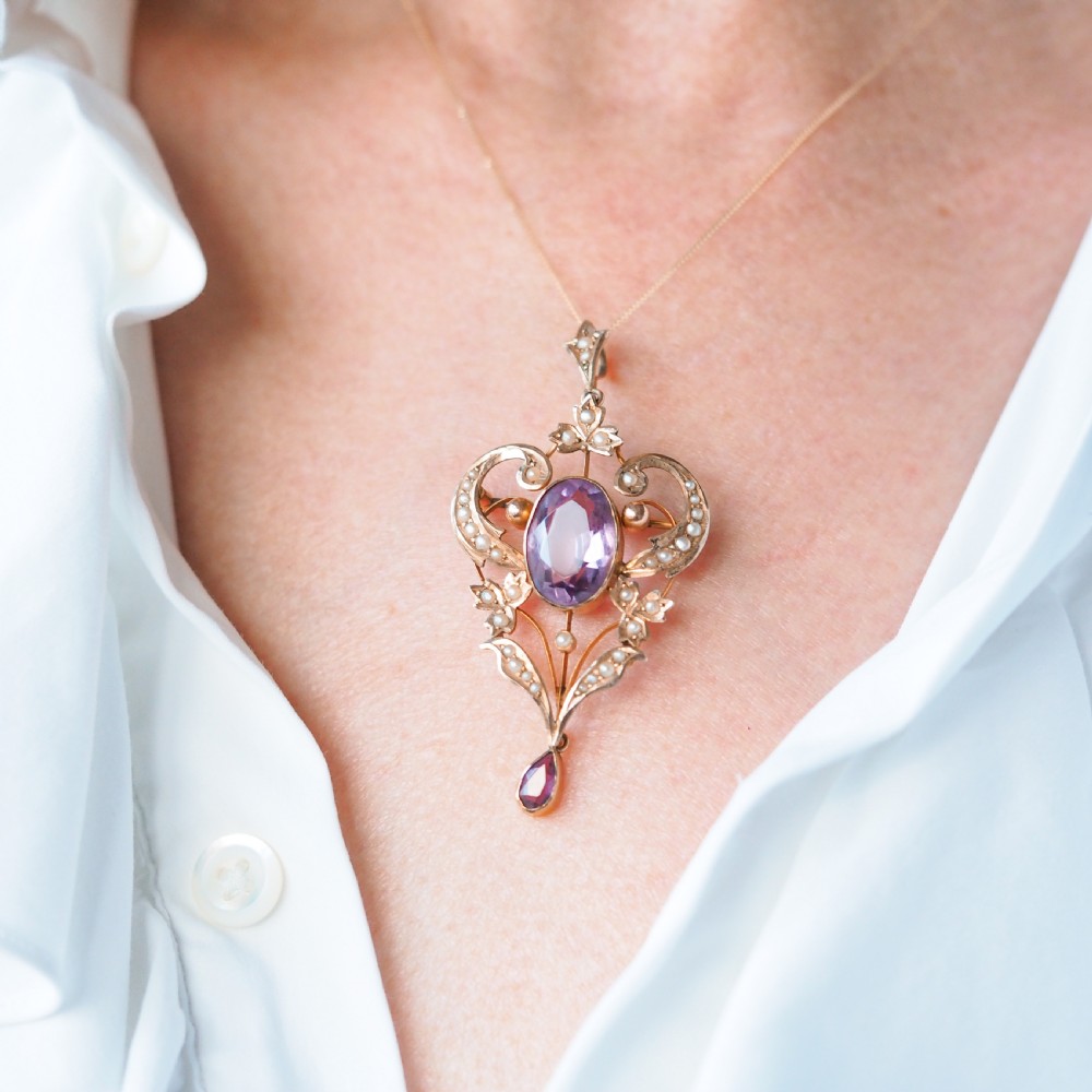 Antique Edwardian Amethyst & Seed Pearl 9ct Gold Pendant Necklace, Art Nouveau Design - c.1910 View V