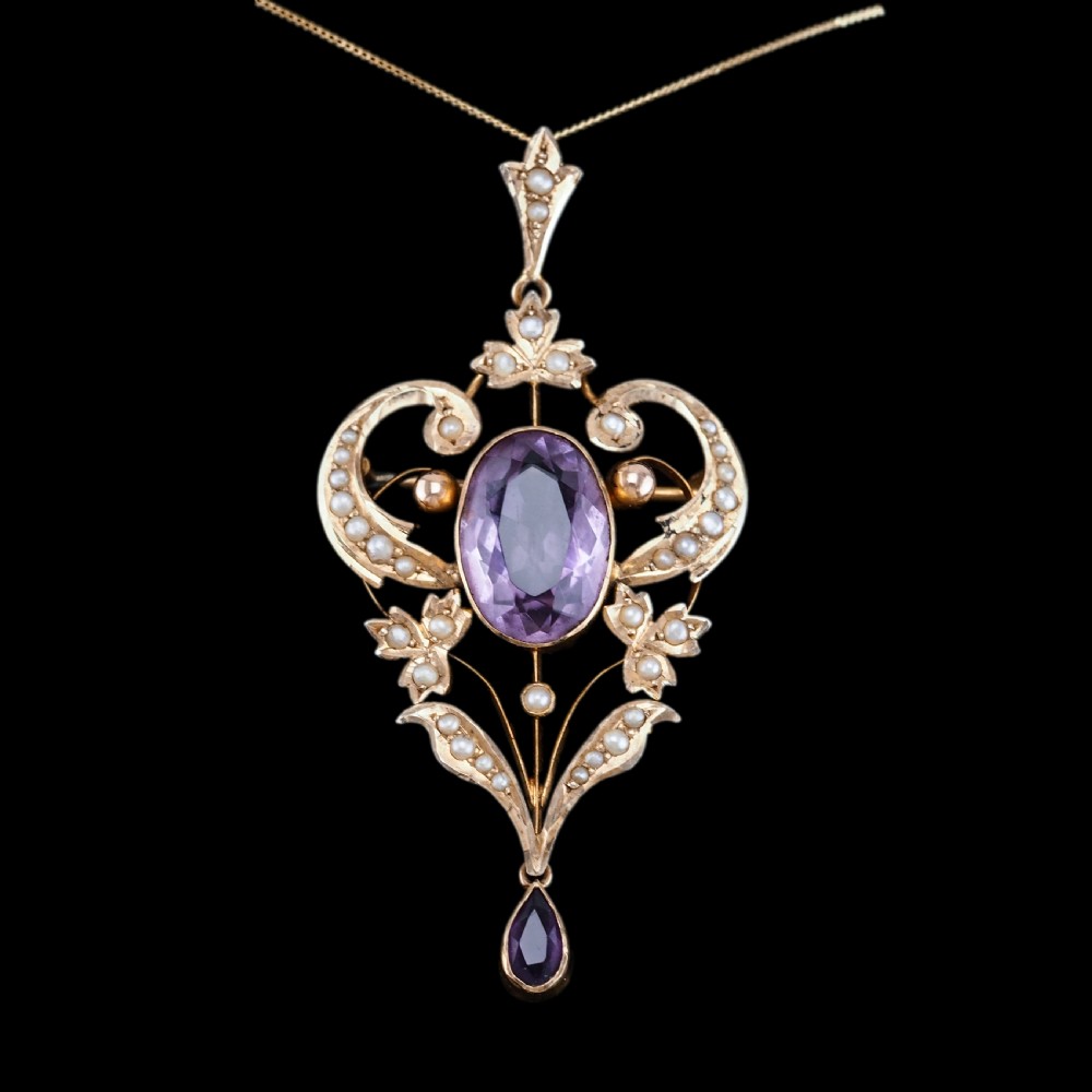 Antique Edwardian Amethyst & Seed Pearl 9ct Gold Pendant Necklace, Art Nouveau Design - c.1910 View VII