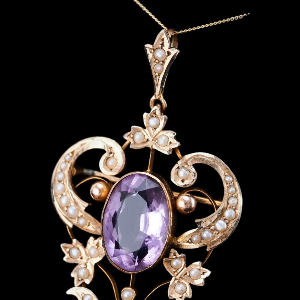 Antique Edwardian Amethyst & Seed Pearl 9ct Gold Pendant Necklace, Art Nouveau Design - c.1910 View VIII