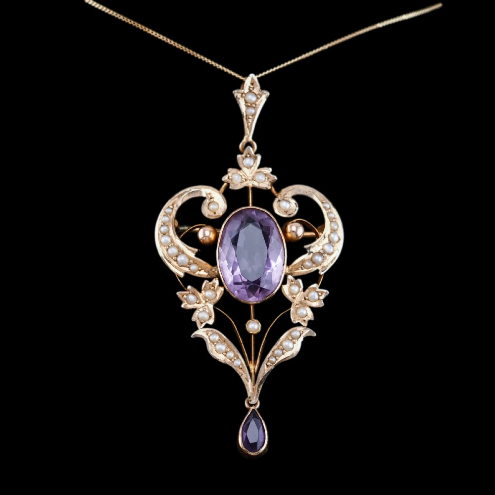 Antique Edwardian Amethyst & Seed Pearl 9ct Gold Pendant Necklace, Art Nouveau Design - c.1910 View IX