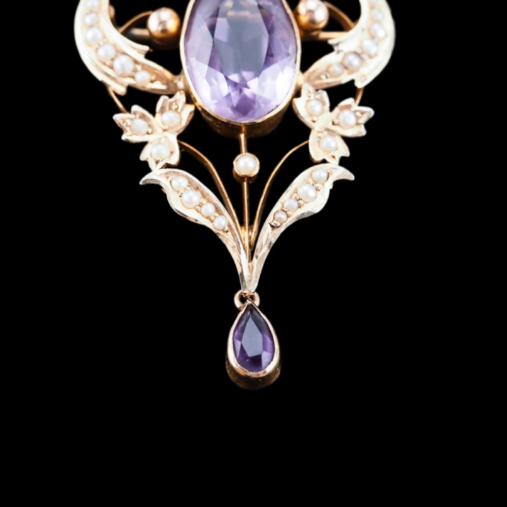 Antique Edwardian Amethyst & Seed Pearl 9ct Gold Pendant Necklace, Art Nouveau Design - c.1910 View X